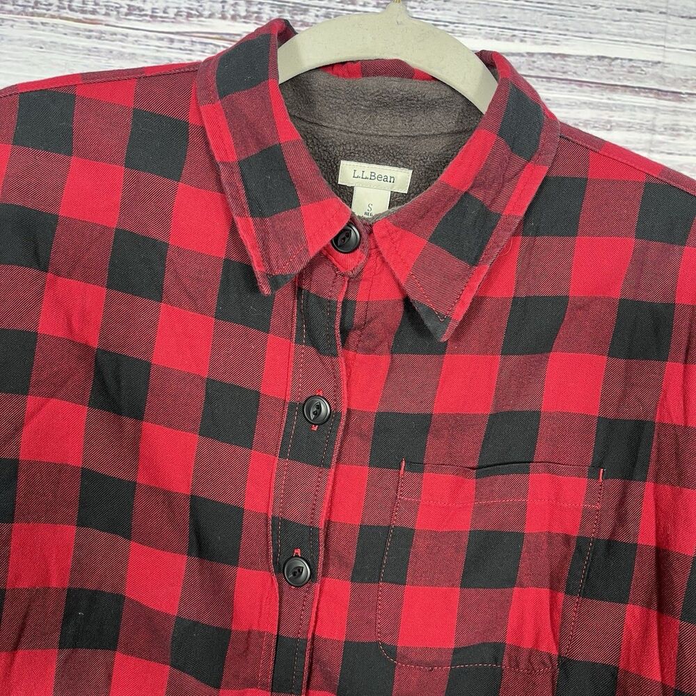 LL Bean Fleece Lined Plaid Flannel Shirt Shacket Women S Red Black Buffalo Check